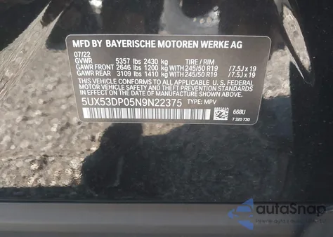 2022 BMW X3 xDrive30I из США, поврежденный, VIN 5UX53DP05N9N22375